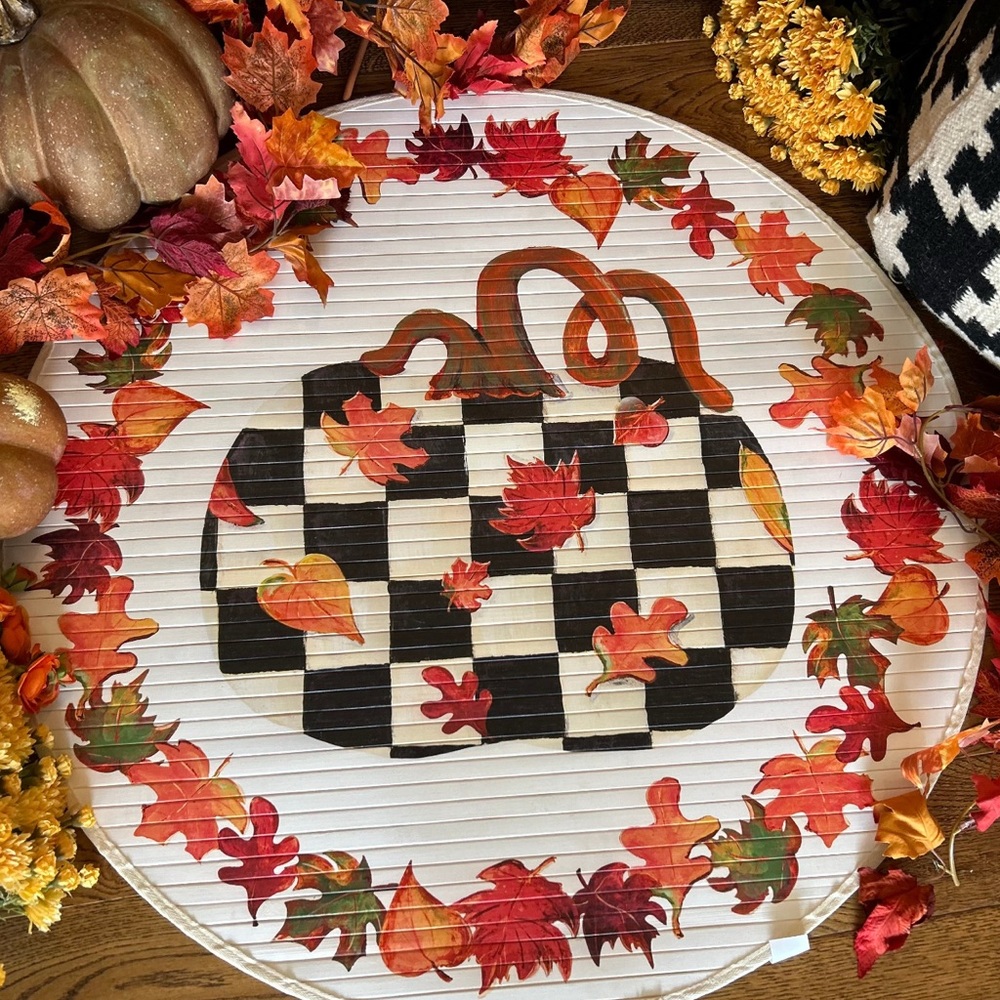 Checkered Pumpkin Bamboo Rug with Autumn Leaves Design